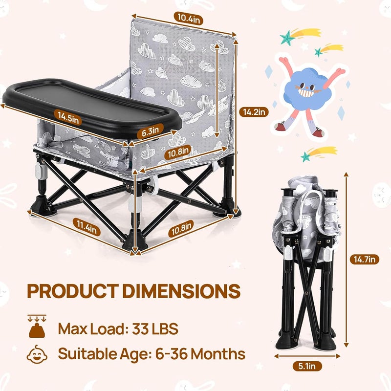 AskCat Toddler Booster Seat for Kitchen Chair & Travel - Portable Foldable with Removable Tray, Baby Camping Chair 6-36 Months Indoor Outdoor (White Cloud Design) - Image 2